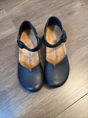 Papillio Black Leather Mary Jane Clogs with Ankle Strap